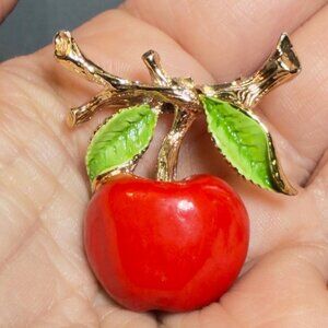 Gerry’s Cherry Brooch Red Enamel Fruit Pin Gold Tone Vintage 1.5”